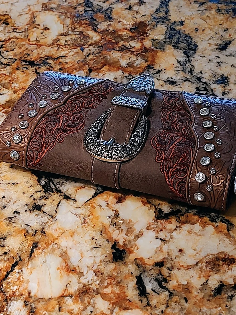 Montana West Brown Embossed Western Wallet with Silver Buckle and Rhinestones